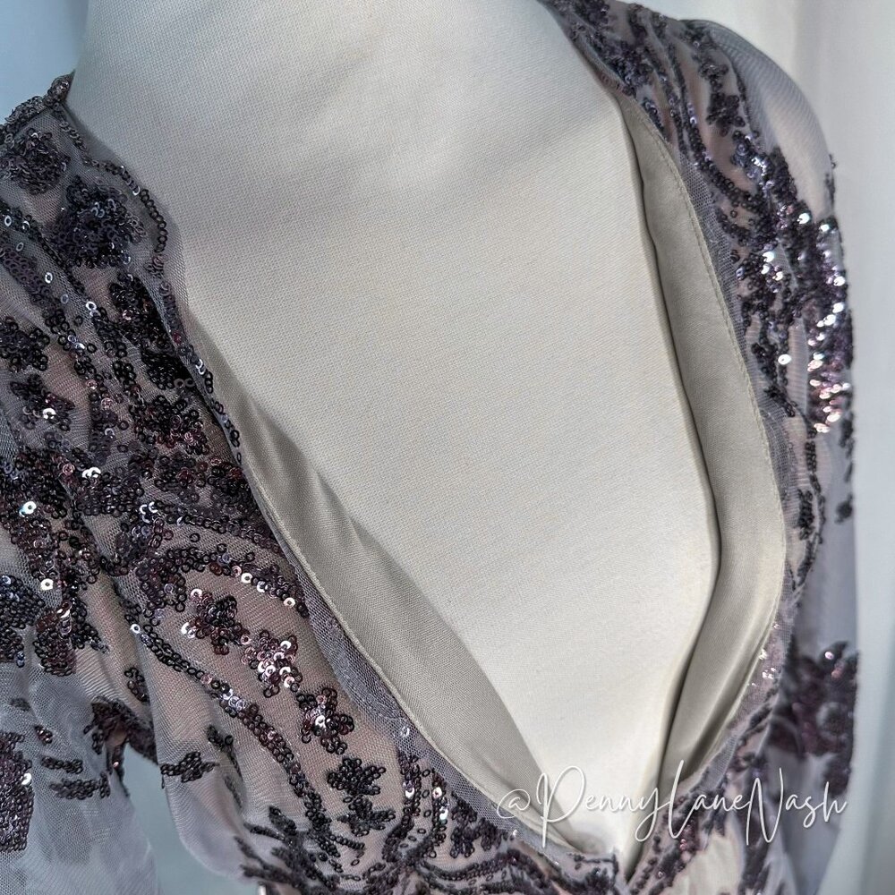 NWT L'Atiste Sheer Sleeve Sequined Deep V Neck Romper Lvander - Picture 10 of 14